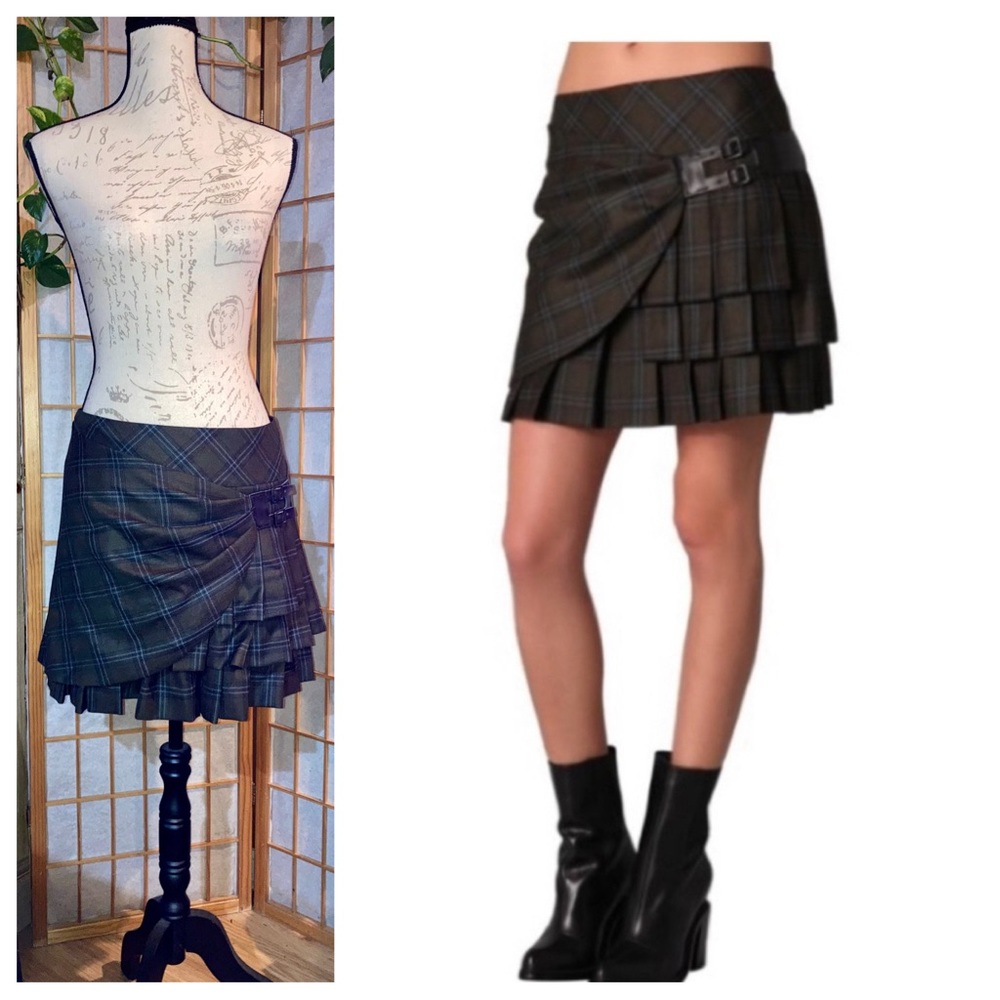 L.A.M.B. Kilt Skirt Tartan Plaid Deep Olive Green Belted Tiered Wool sz 4